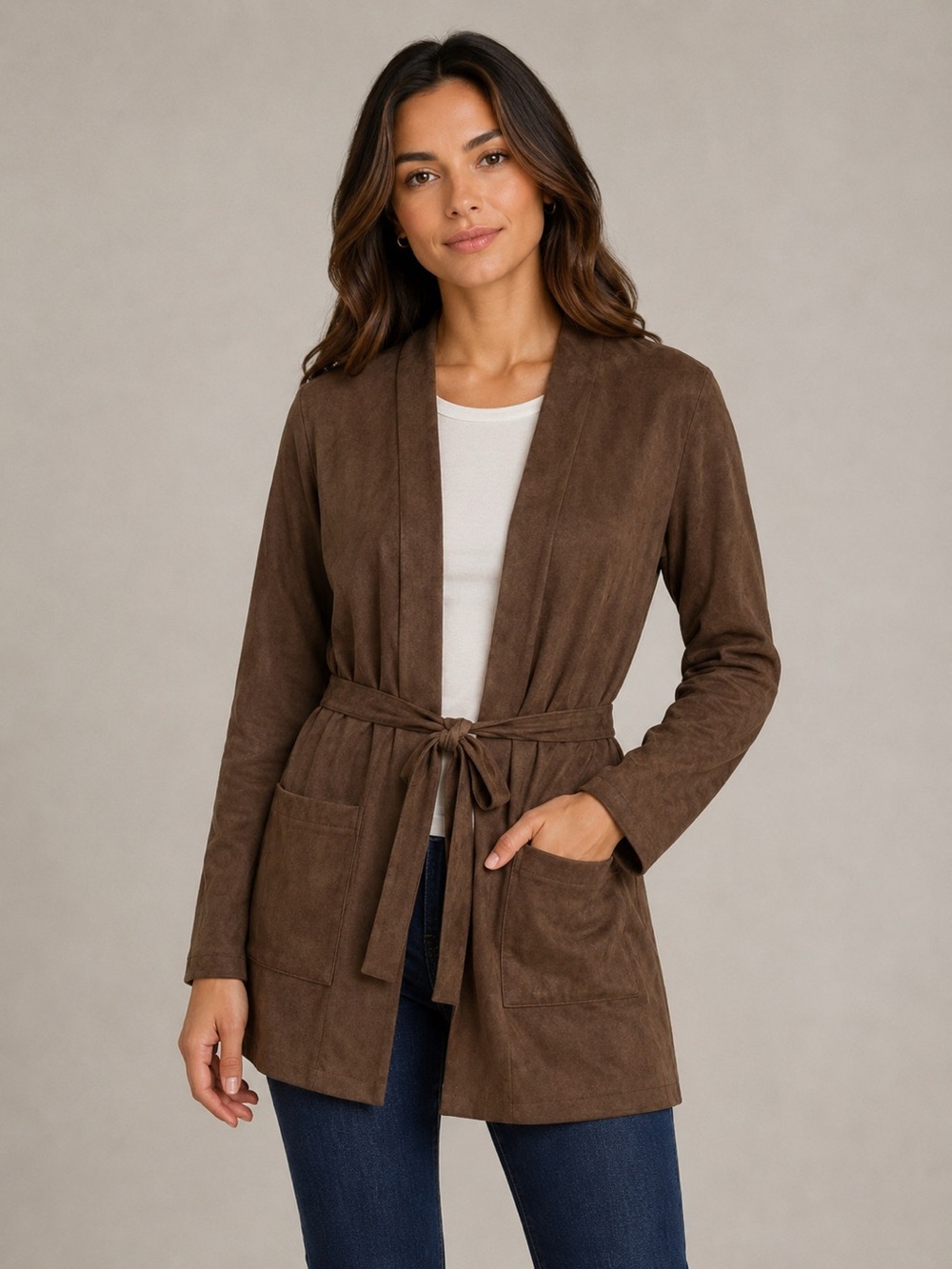 Tanjay Brown Faux Suede Open Front Belted Trench Cost Sz M